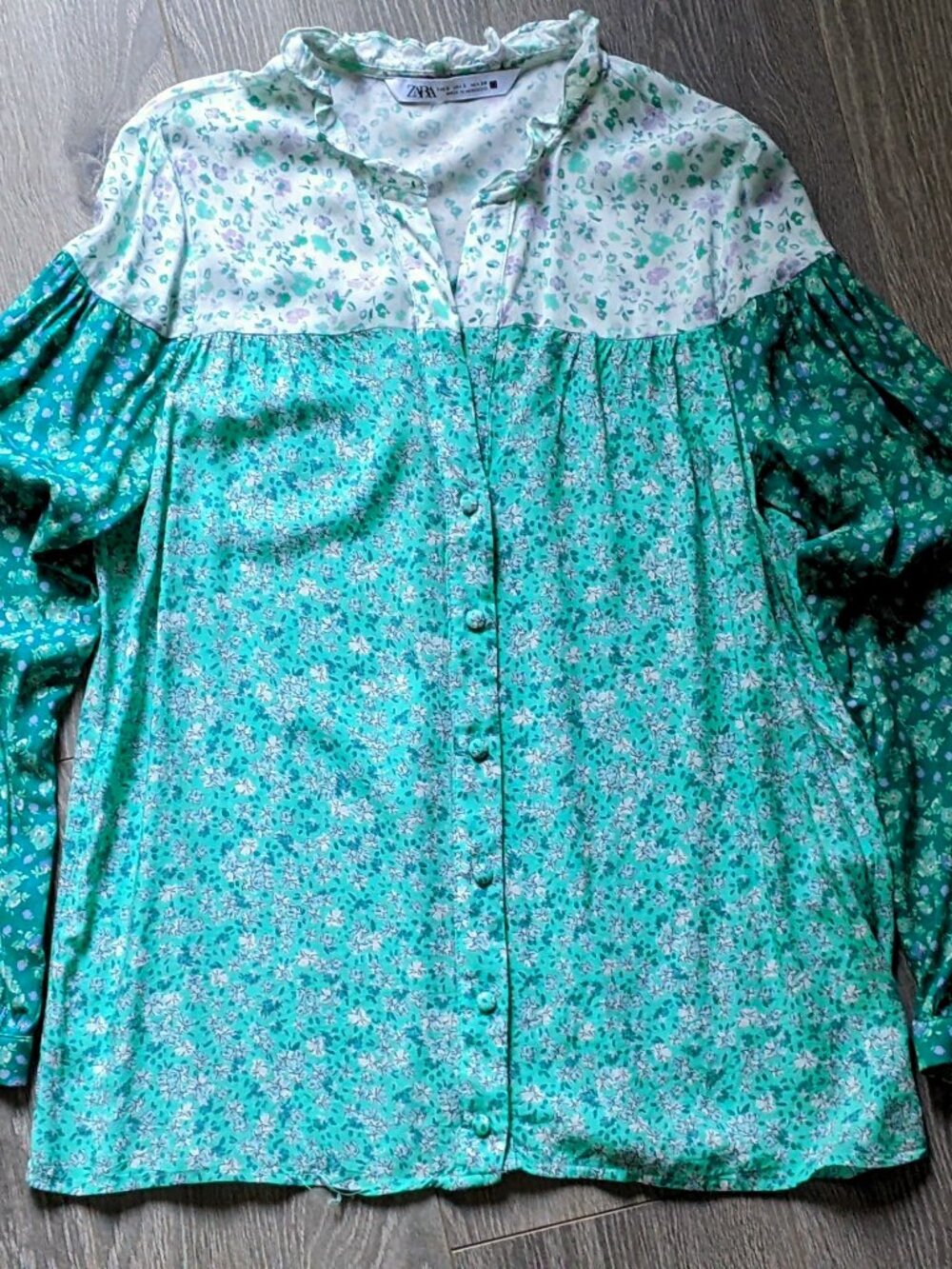 ZARA Floral Patchwork Blouse Small S Boho Cottagecore Ruffle Collar Viscose Top